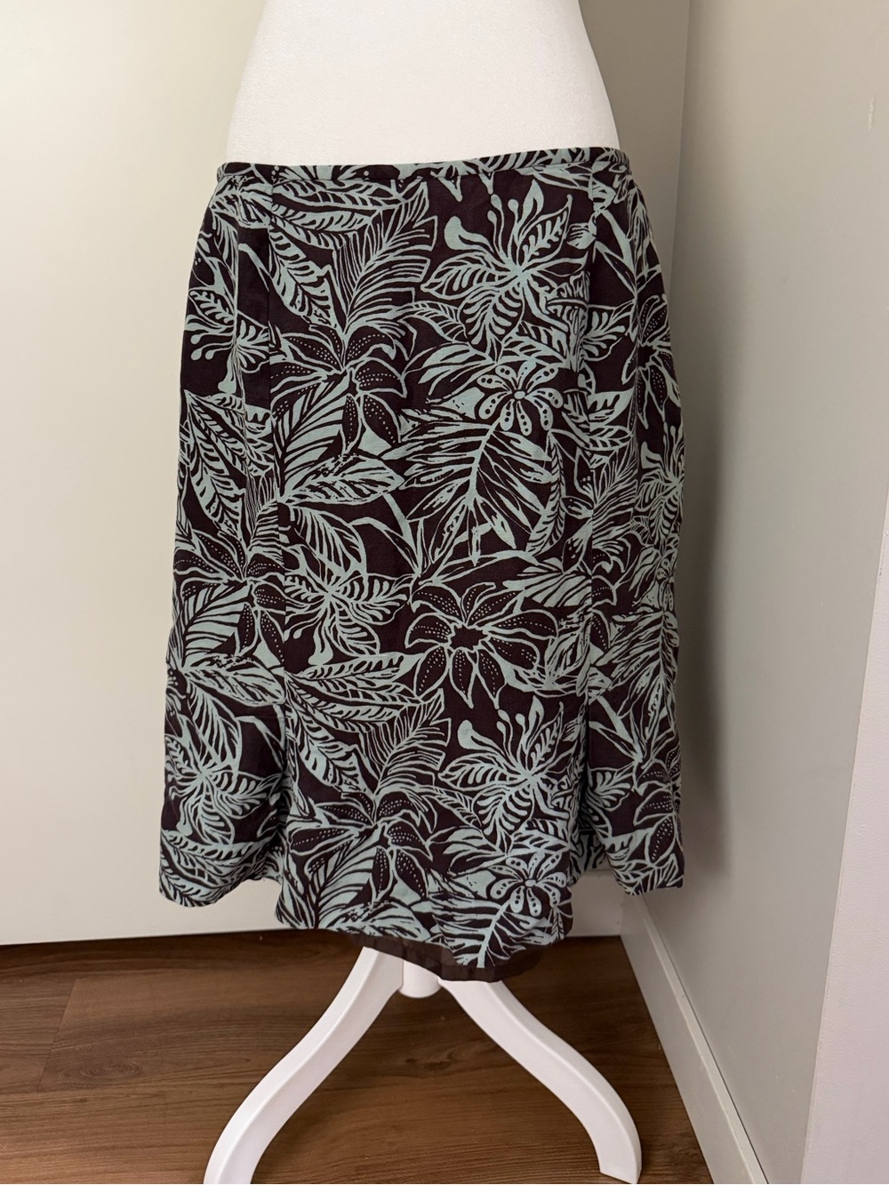 Travis Ayers Vintage Midi Skirt Brown and Blue Tropical Pattern